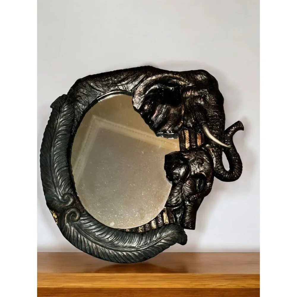 African Elephant-Inspired Decorative Mirror With Carved Frame